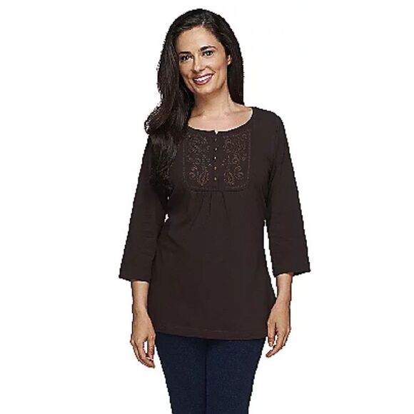 Denim & Co Womens 3X Perfect Jersey 3/4 Sleeve Tunic Cranberry Embroidered NWT - Picture 2 of 4